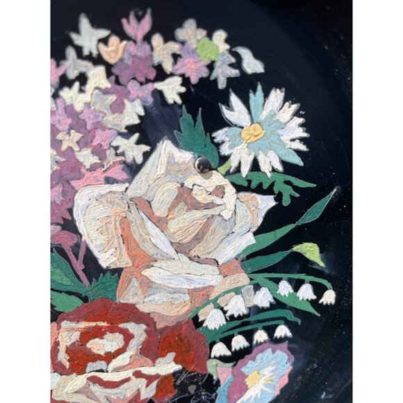 Antique 1930s Metal Toleware Hand Painted wall Plate Roses Flowers - Picture 10 of 16